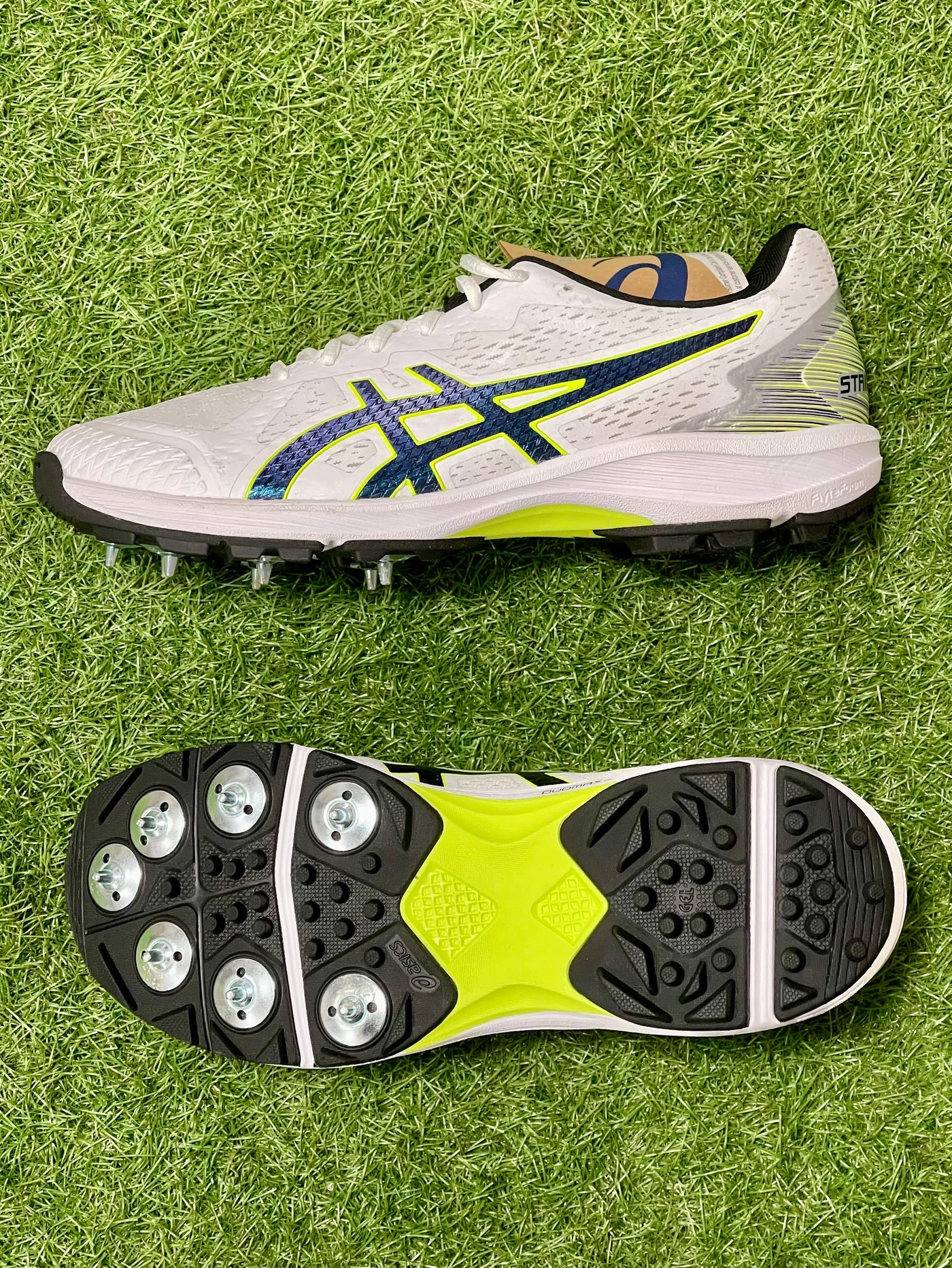 Asics Strike Rate FF Spike Cricket Shoes - White/Safety Yellow